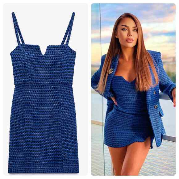 NWT - ZARA Blue Tweed Textured Mini Dress With Straps Size: S - Picture 2 of 8
